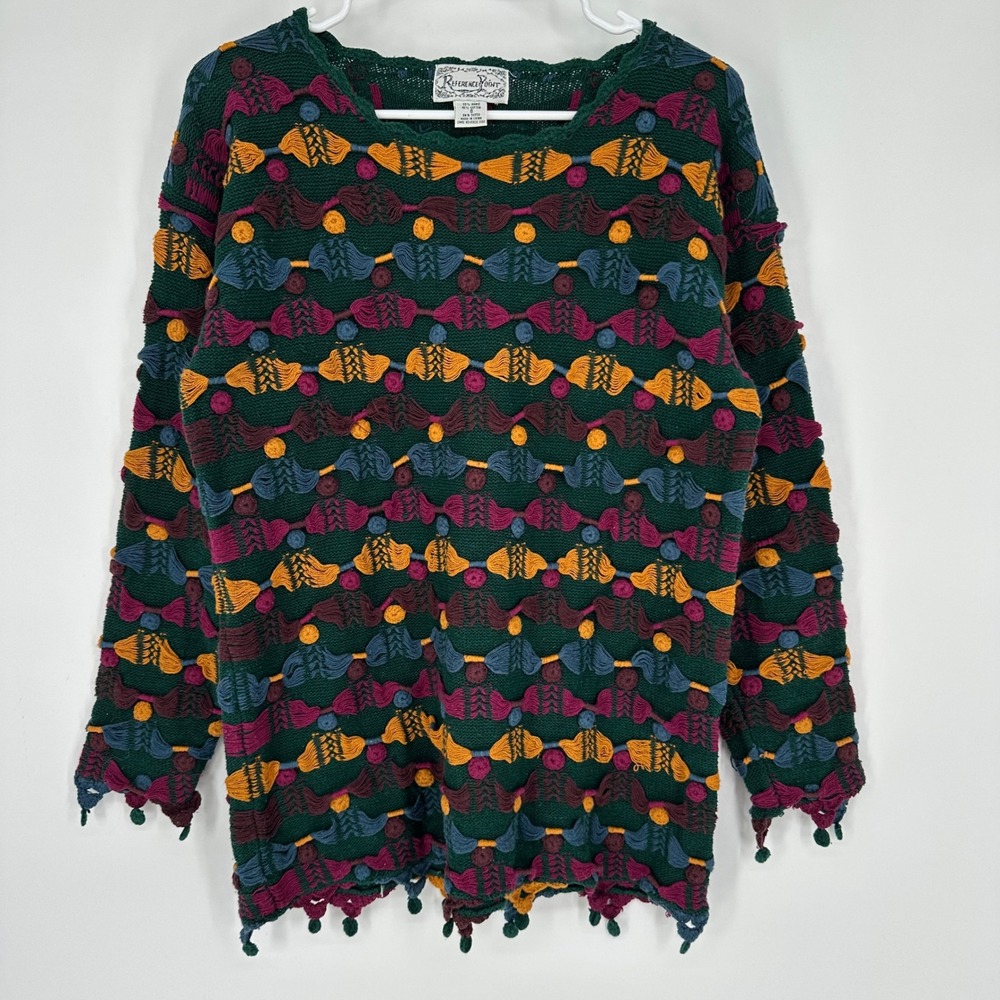Vintage Reference Point Green Textured 3D Knit Tassel Sweater Womens Small